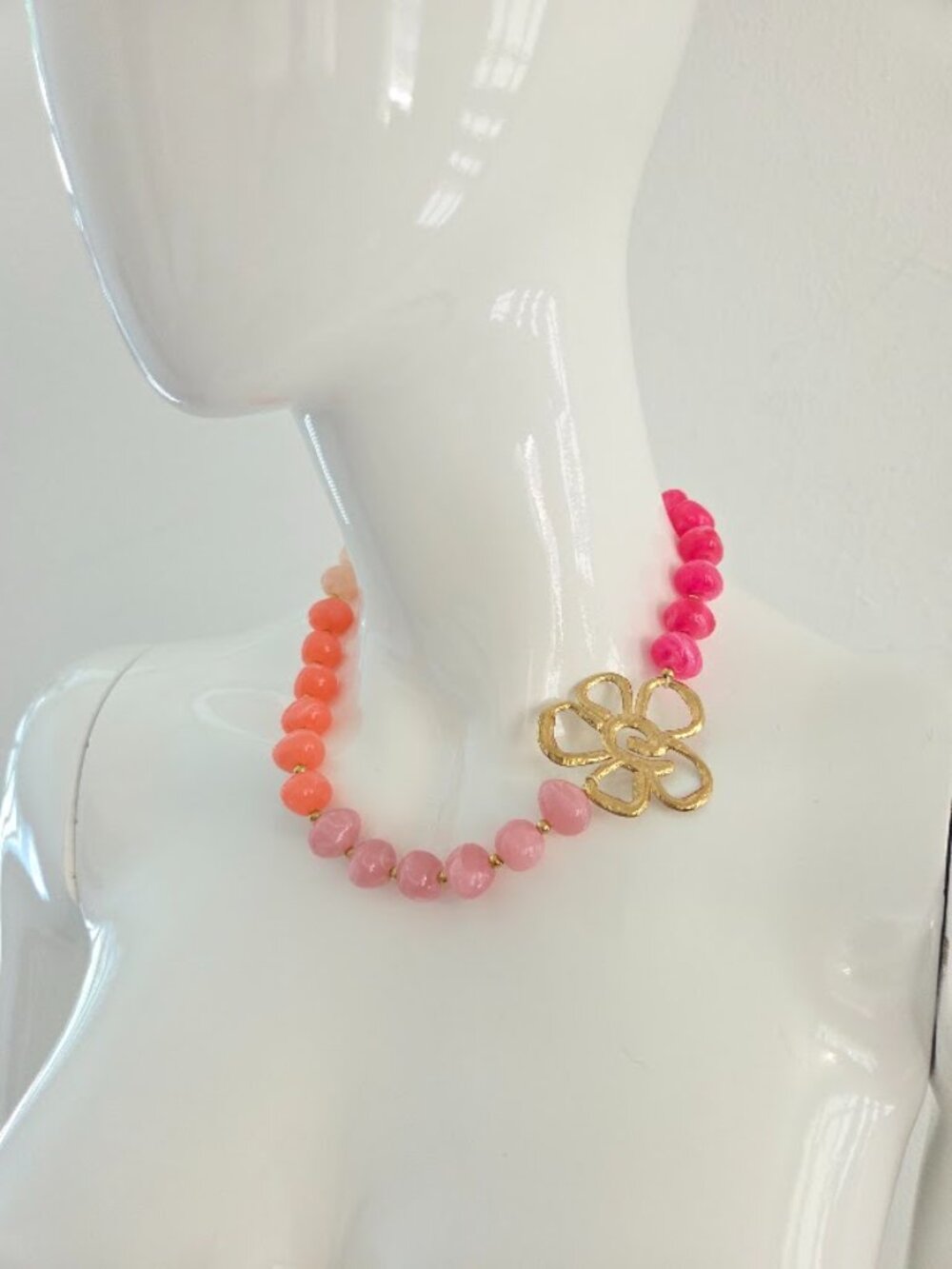 Pink Multicolor Beaded Gold Flower Statement Necklace - Picture 13 of 15